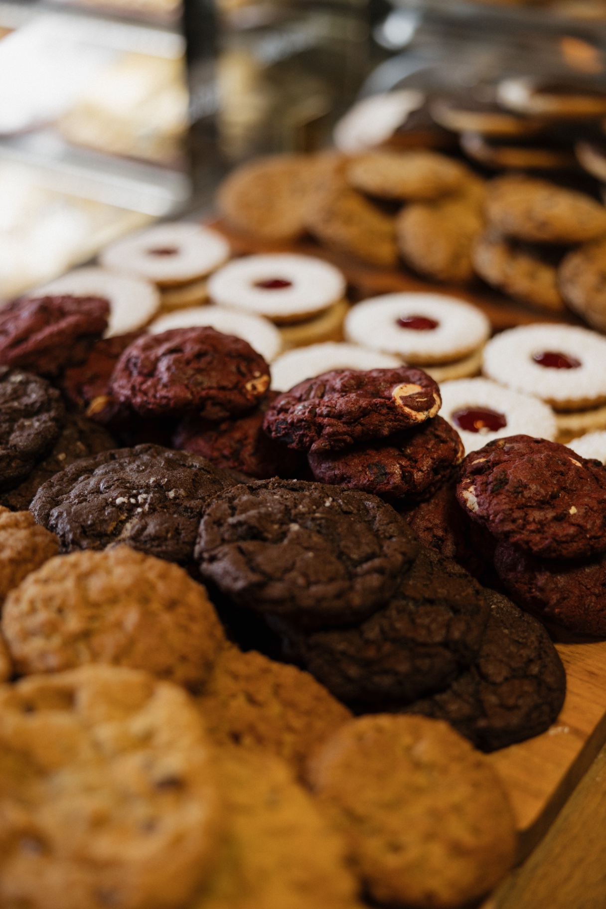Trays of Italian cookies in the bakery case